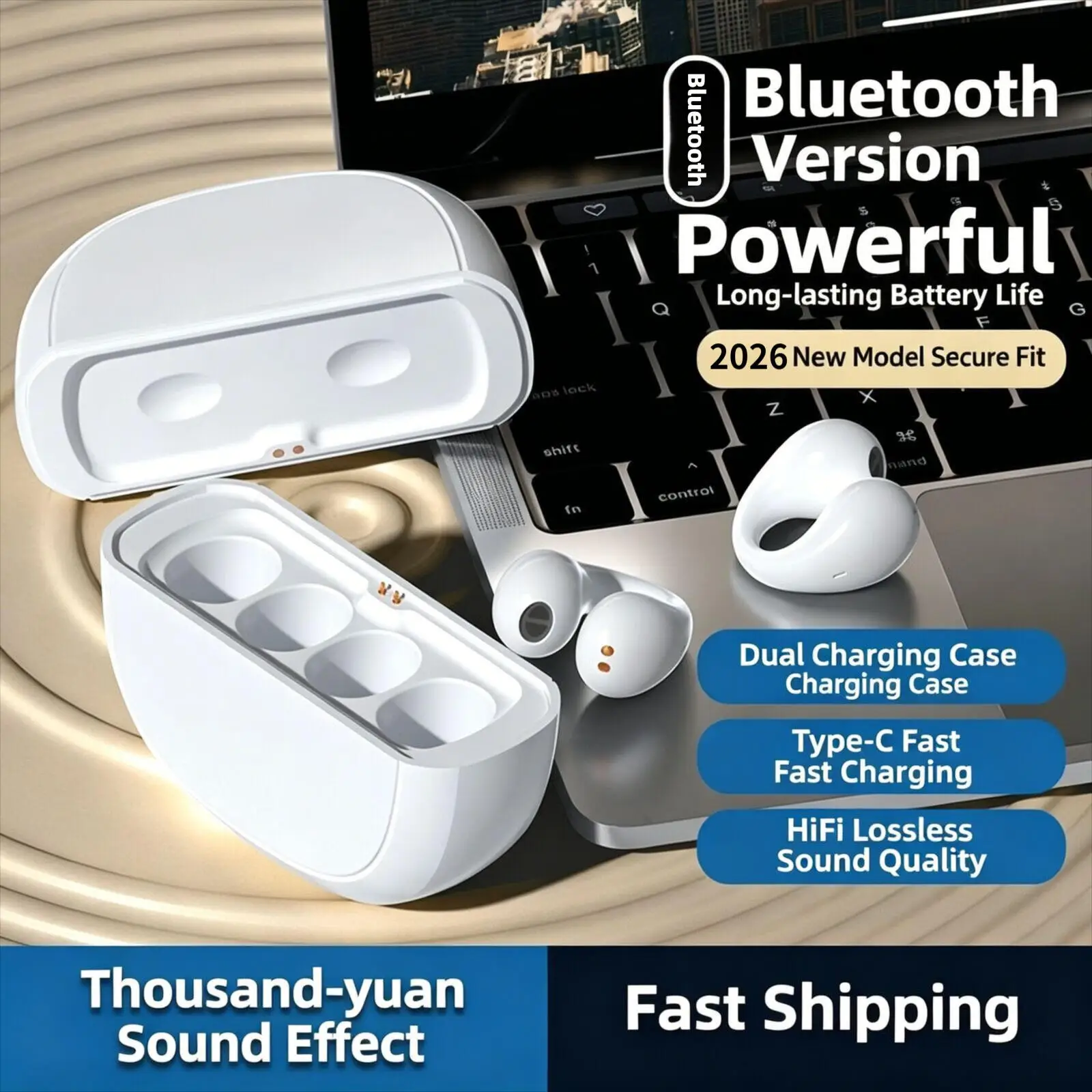 Magnetic Clasp Ear-Clip Bluetooth Earphones & Power Bank 2-in-1 Design HIFI Stereo Sound Emergency Phone Charging Sports Earbuds