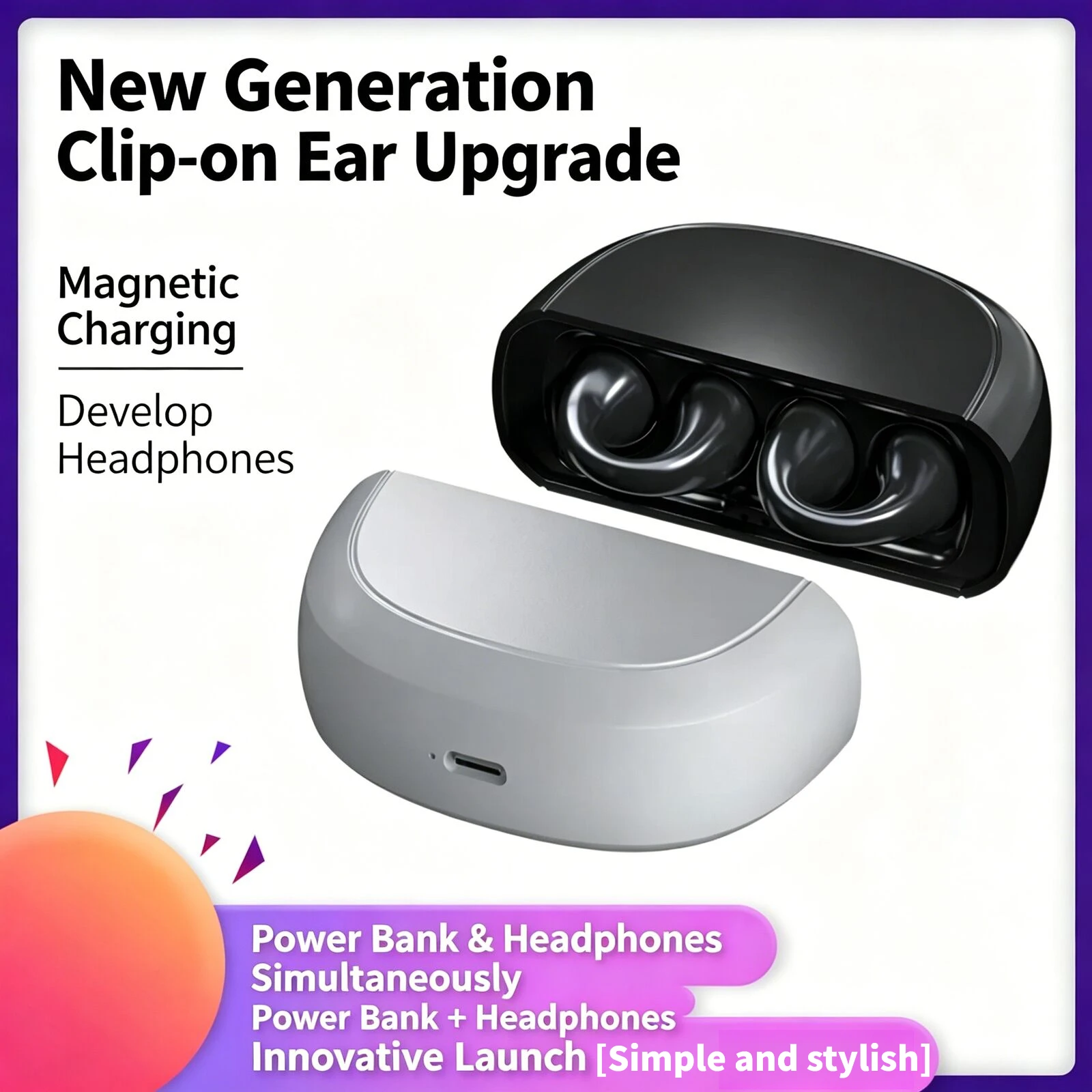 2-in-1 Ear Clip Bluetooth Earbuds & Power Bank Magnetic Buckle HIFI Stereo Emergency Charging Sports Running Wireless Earpieces