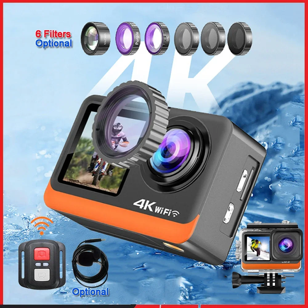 Action Camera 4K60FPS  30MP Dual Screen Touch Wi-Fi EIS 170° Pre-record Optional 6 Filter 1080P Webcam Underwater 30M Sport Cam