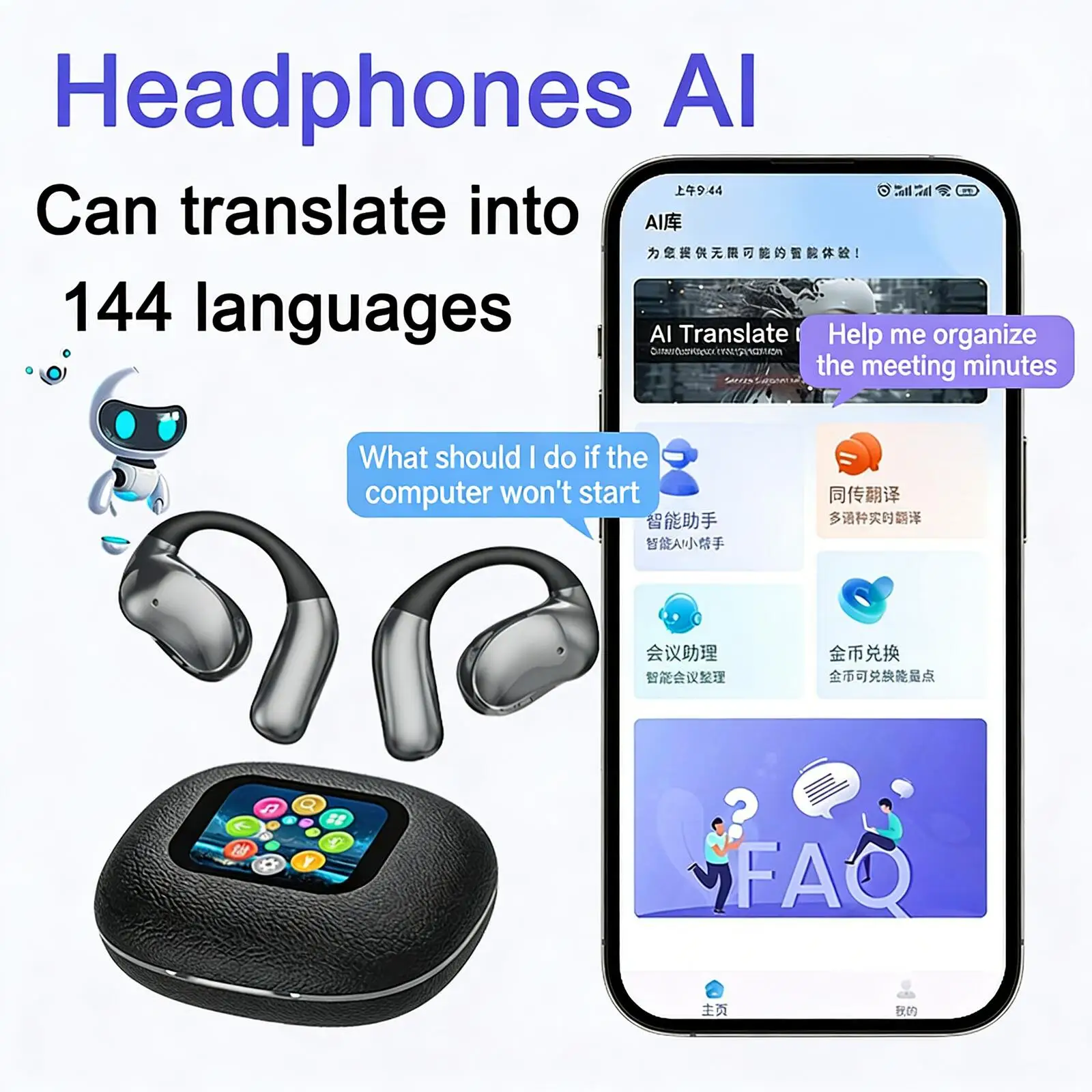 Real-Time AI Translation Headphones Bluetooth Wireless Earbuds Full LCD Touch HD Mic Noise Reduction for Music Business Travel