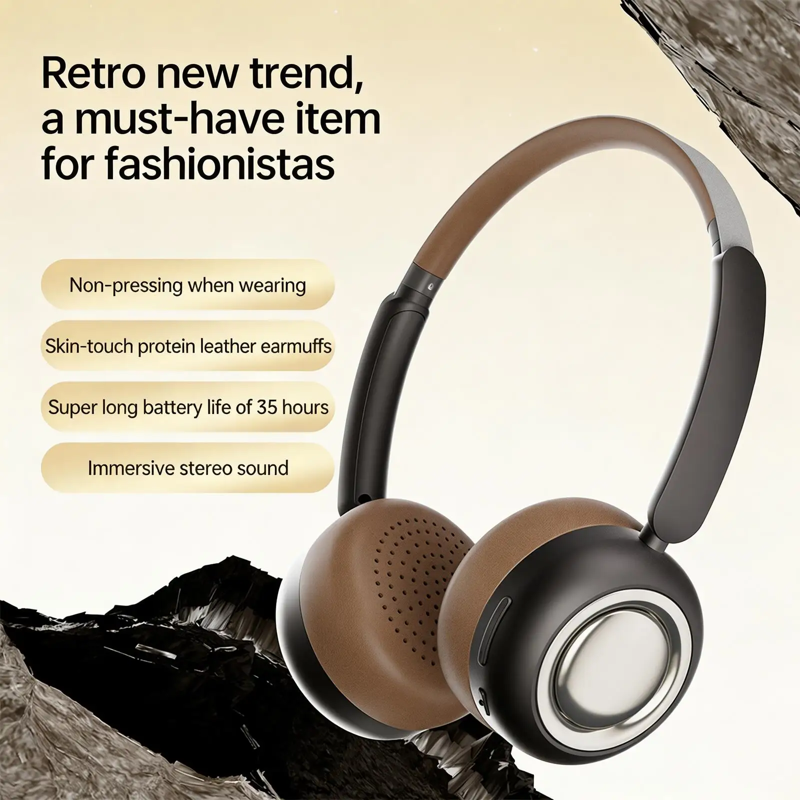 Retro Wireless Bluetooth Headphones Over-Ear Stereo Headset with Metal Accents Long Battery Life Creamy Style for Travel & Work