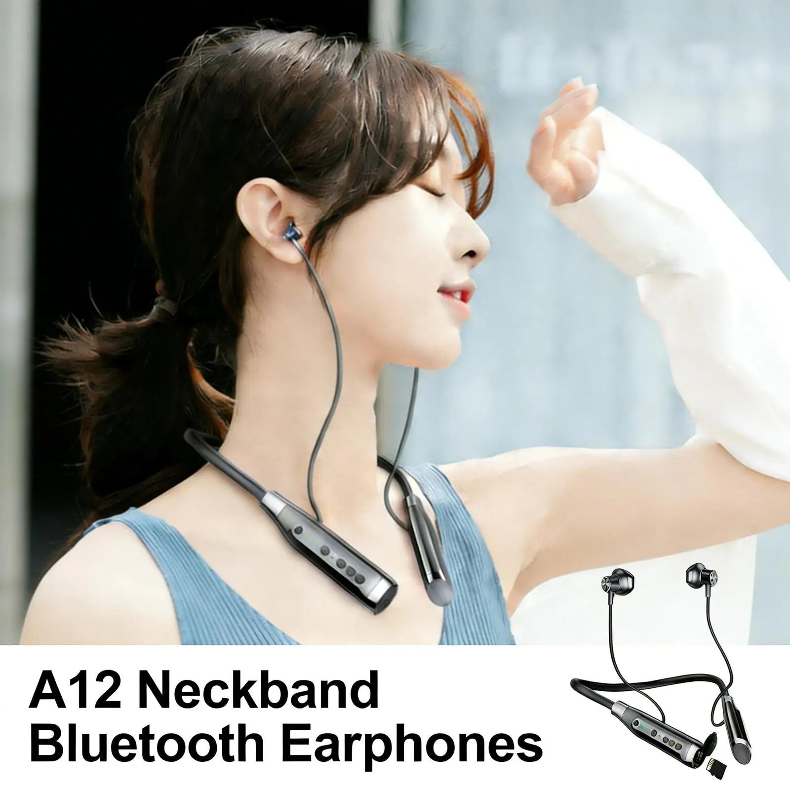 A12 Neckband Bluetooth Earphones 9D Stereo Noise Reduction In-ear/Semi-in-ear Support TF Card Long Battery Life for Music Travel