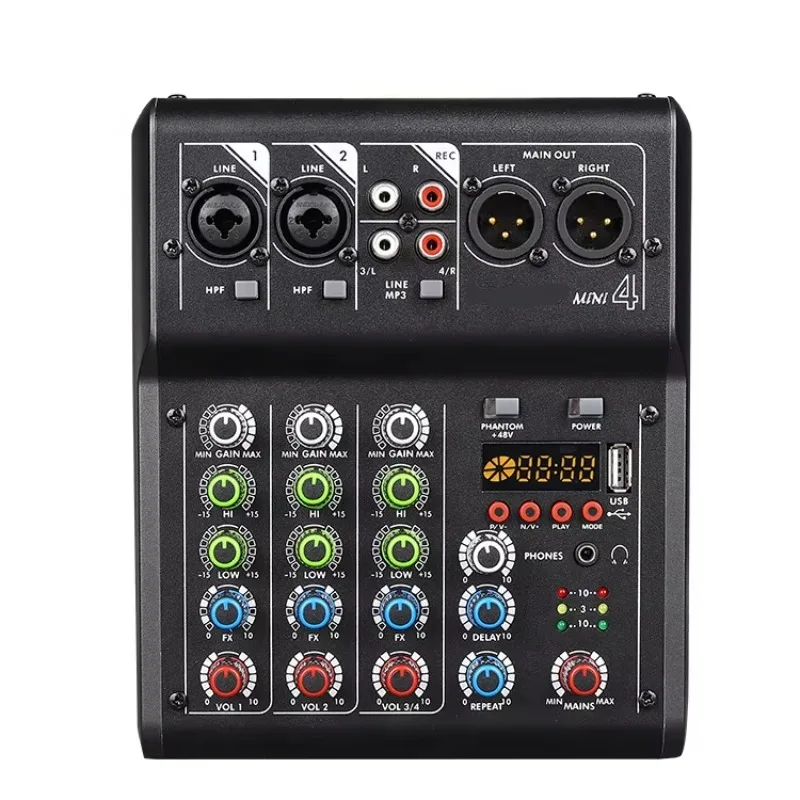 MINI4/MINI6 4/6CH USB MP3 Amplifired Mini Audio Mixer Power 50W*2CH/1 Stereo Input /1AUX/3-band EQ/Recording