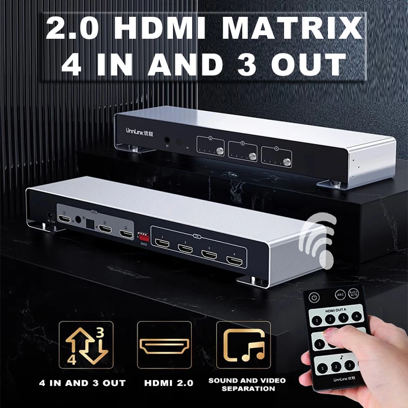 HDMI Matrix Distributor 4 in 3 out Switcher 2.0 HD 4k@60hz4  EDID Audio Separation， Switcher Selector with IR Remote