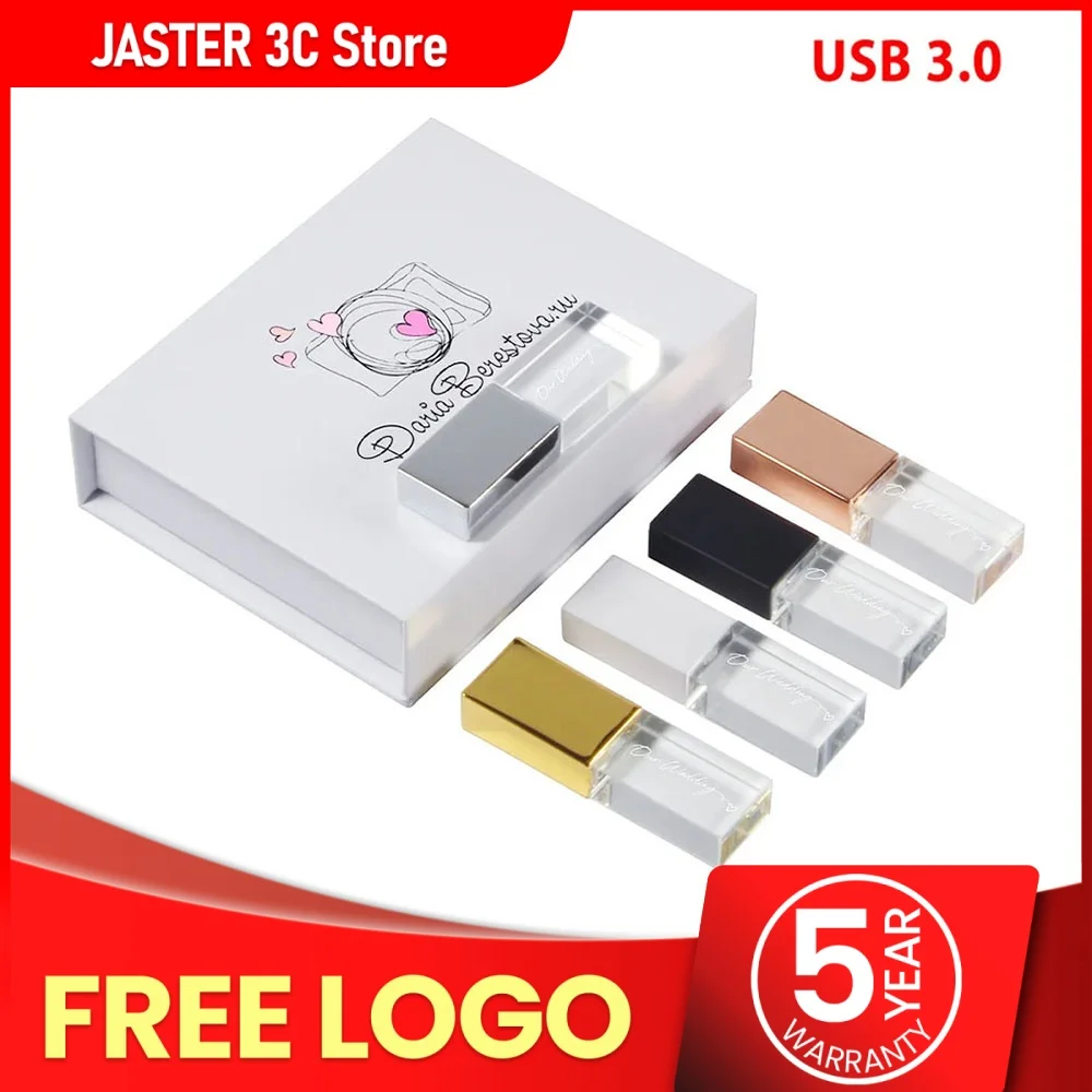 JASTERS USB Flash Drive 3.0 Crystal U sticks Free Logo 4GB 8GB 16GGB 32GB 64GB 128GB waterproof Pendrive Wedding Gift Pen drive