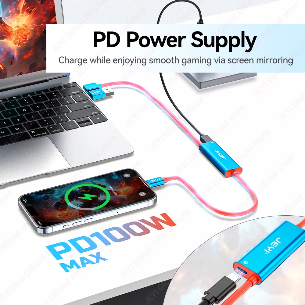 JEYI Video Capture Card with 100W PD USB C to USB A/C Live and Record Video Audio Gaming for Steam Deck  Switch 2/1/OLED ROG