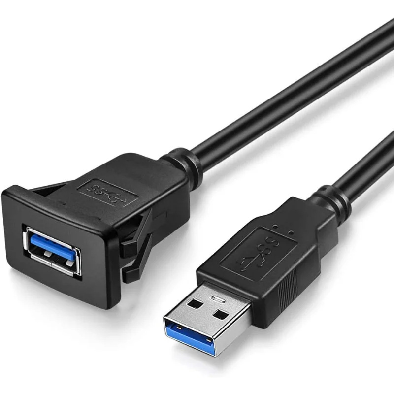 1M 3ft Square Single Port USB 3.0/2.0 Panel Flush Mount Extension Cable with Buckle for Car Boat Motorcycle Dashboard
