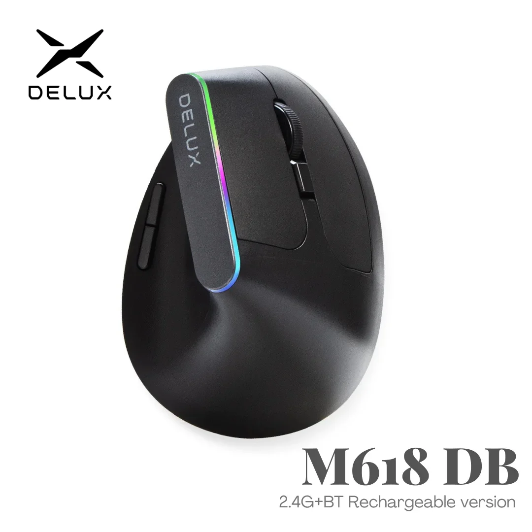 Delux Ergonomic Vertical Mouse Rechargeable Wireless RGB Mouse Bluetooth 2.4G 4000DPI Gaming Silent Mice For Laptop PC