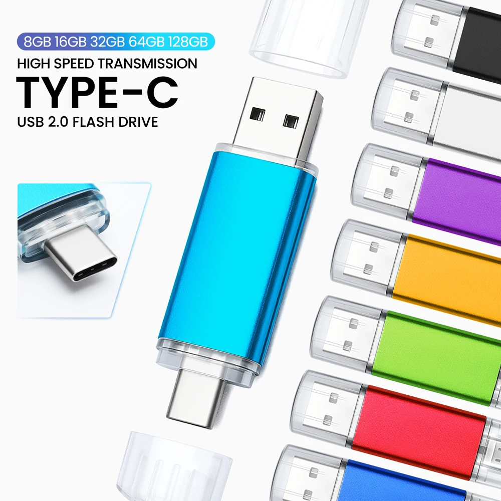 Silver metal clip USB and TYPE-C 2 IN 1 Pen Drives 32GB Flash Drive 64G 128GB Color U Disk Gifts Key Chain 4GB 8GB Memory Stick