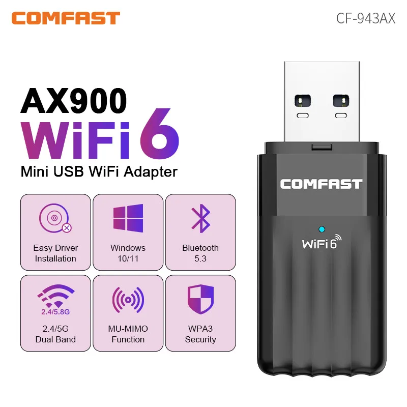 COMFAST USB Adapter Bluetooth5.3 WiFi6 Dongle AX900 WiFi Adapter Driver-Free 2.4&5.8GHz Wireless Receiver For PC/Laptop Win10/11