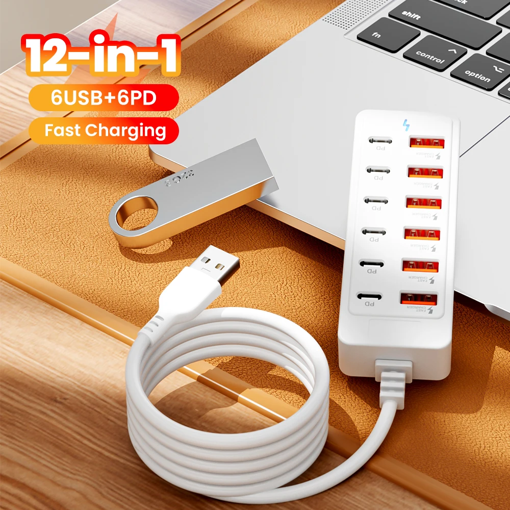12 Ports USB HUB 6USB+6Type-C Fast Charging Docking Station For Cellphones Tablet Laptop Computer Mouse Keyboard External Cable