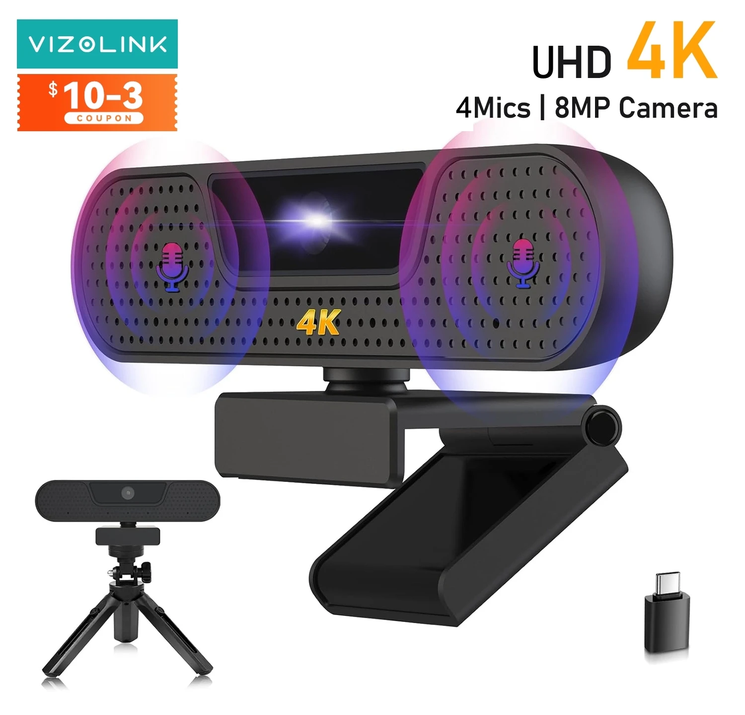 VIZOLINK 4K UHD Webcam 8MP 4 Noise Cancelling Mics Auto Focus USB Web Camera For PC  Zoom Teams Google Meet Streaming Webcam
