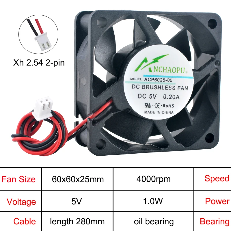ACP6025 6cm 60mm Axial Flow Fan 60x60x25mm Cooling Fan DC5V/12V/24V 2-Pin for Charger Power Supply Frequency Converter