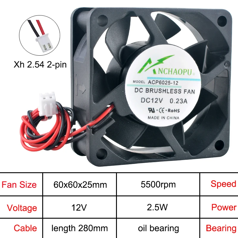 ACP6025 6cm 60mm Axial Flow Fan 60x60x25mm Cooling Fan DC5V/12V/24V 2-Pin for Charger Power Supply Frequency Converter