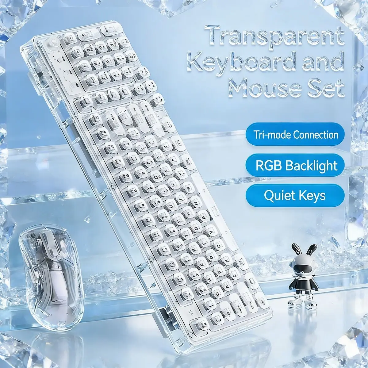 Transparent Crystal Keyboard Mouse Combo Tri-Mode Wired Wireless Bluetooth RGB Backlight Rechargeable for PC Phone Tablet Laptop
