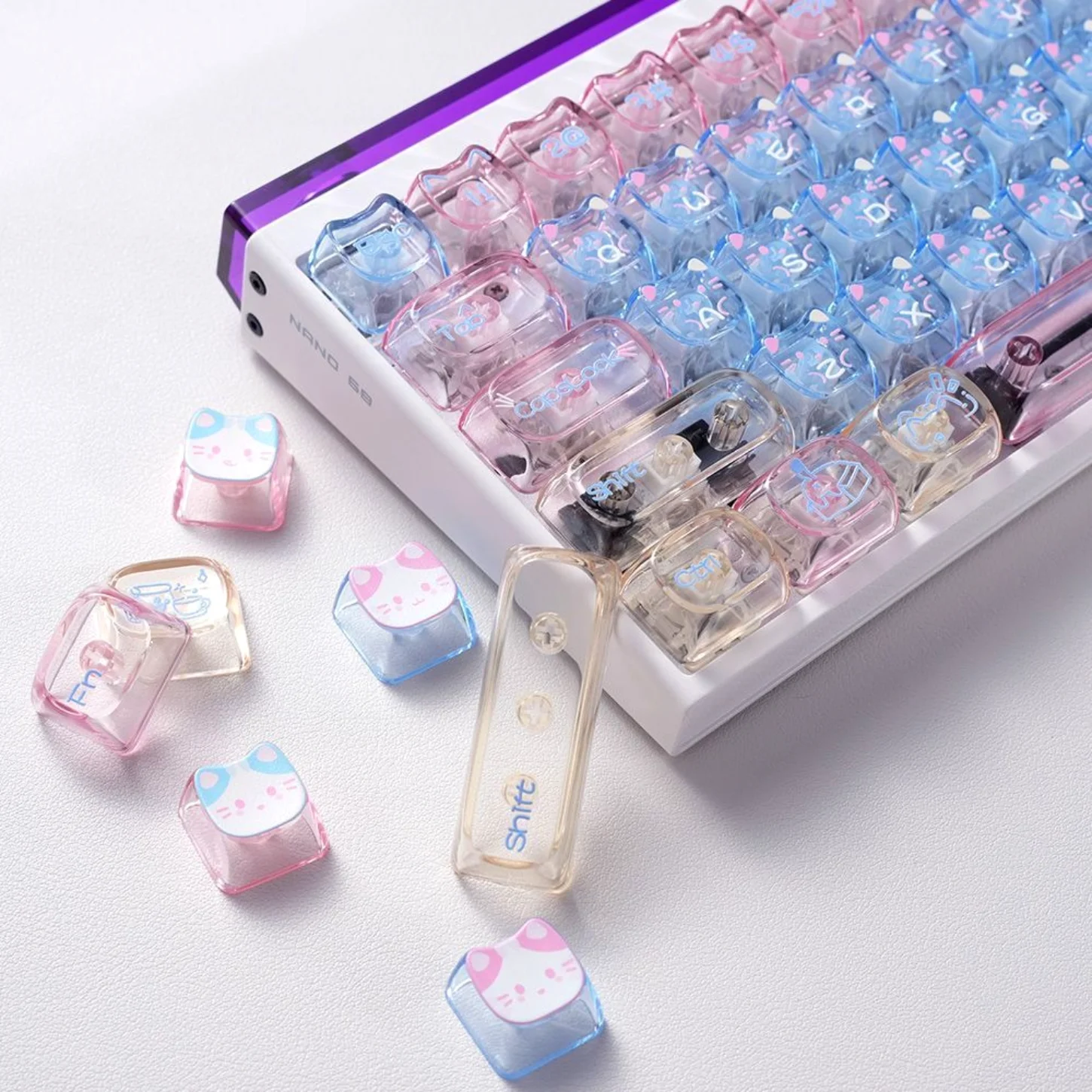 Cat Mechanical Keyboard Keychain, Transparent Girl Keycap Set, PC, MAO MOA Cap, 79 Keys Suitable for 60 61 64 65 67 68 Layout