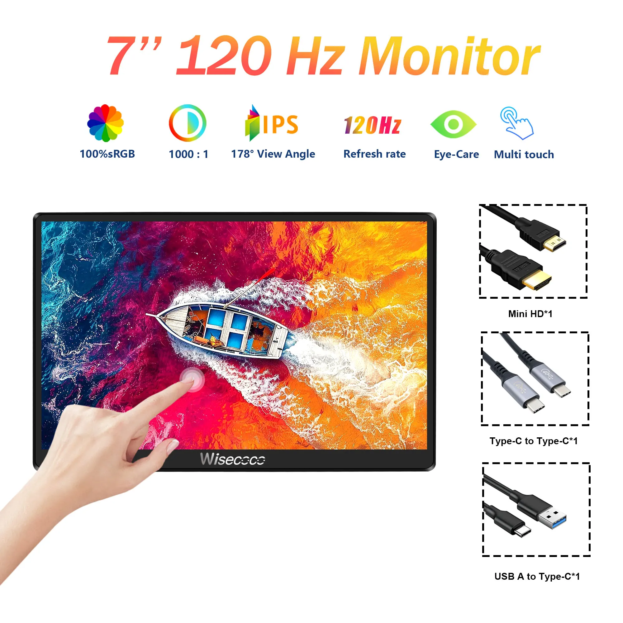 7 inch Portable Monitor 120Hz Gaming Touchscreen IPS 1920x1080 Mini Monitors PC Secondary Screen USB C for Switch PS5 Xbox