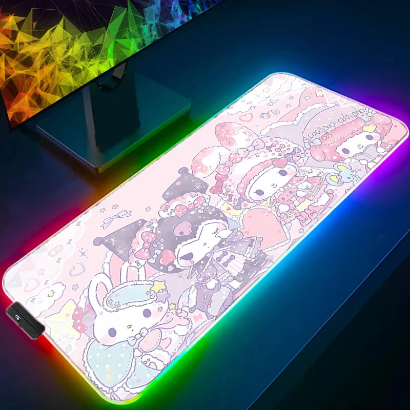 LED Kawaii Anime Mouse Pad Laptop K-kuromi M-my M-melody Keyboard Rug RGB PC Gamer Cabinet Mousepad Cute Pink Extended Desk Mat