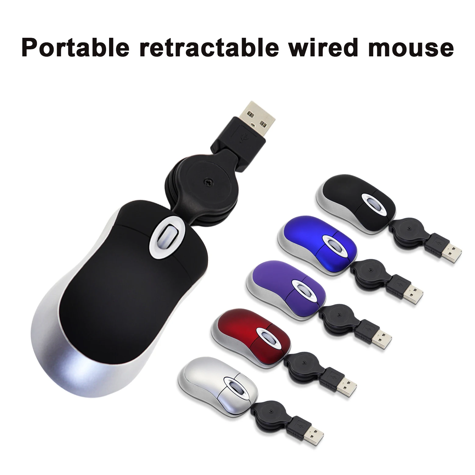 Mini Portable Wired Mouse Retractable USB Cable Ergonomic Mause Anti Winding Office Computer Mice Retractable Adjustable Mice