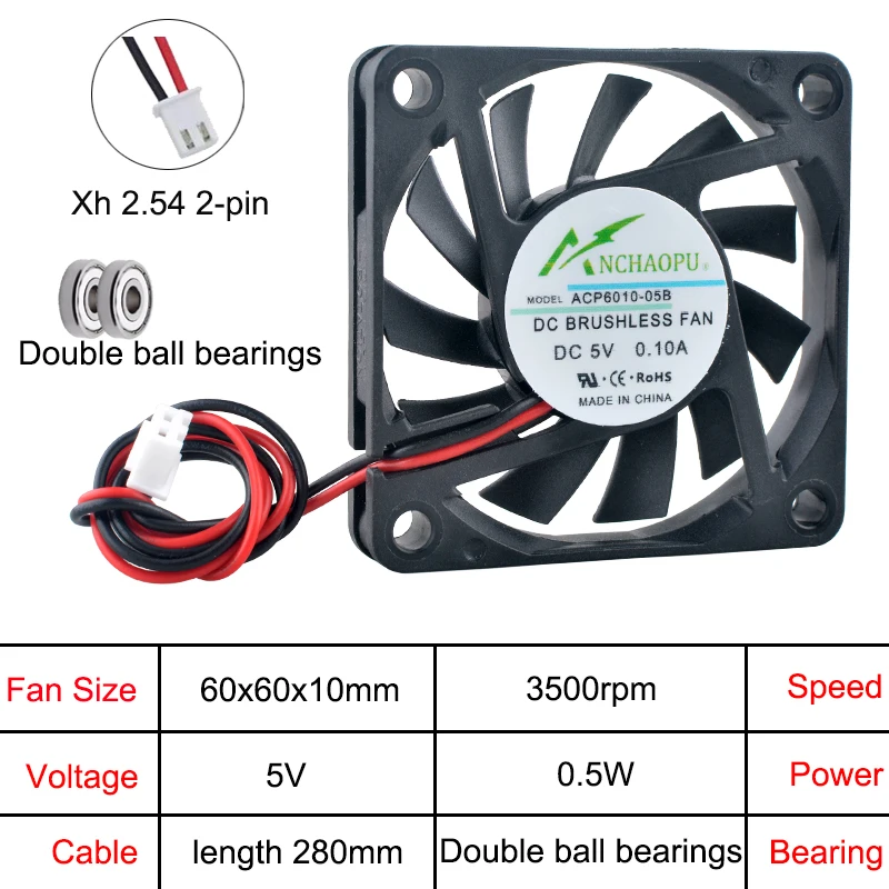 Ultra Thin ACP6010 Axial Cooling Fan 60x60x10mm Multi-Voltage 5V/12V/24V for Chargers Power Supplies Electronics