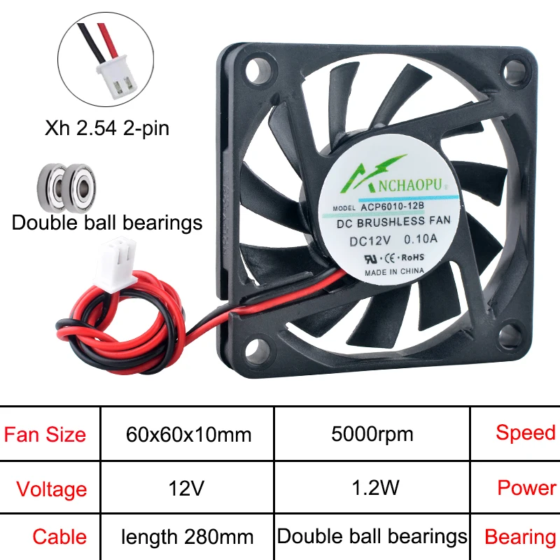 Ultra Thin ACP6010 Axial Cooling Fan 60x60x10mm Multi-Voltage 5V/12V/24V for Chargers Power Supplies Electronics