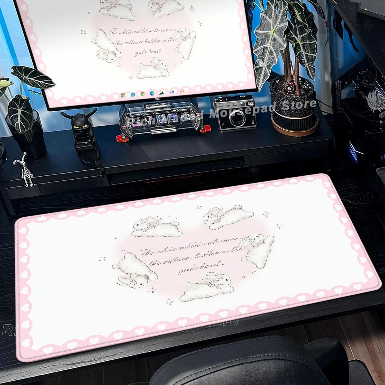 Pink Rabbit Mouse Pad XXL Cute Love Gaming Desk Mat Non-Slip Soft Surface PC Pad Office Desk Accessories Girls Home Desks Decor