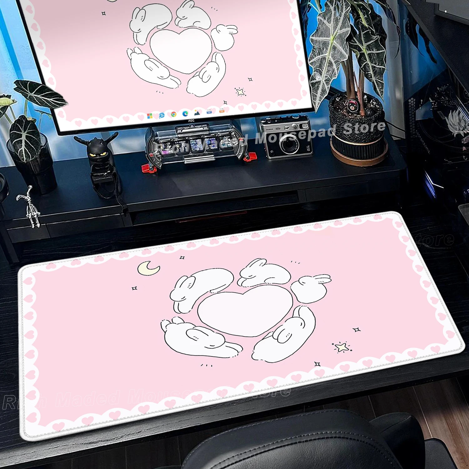 Pink Rabbit Mouse Pad XXL Cute Love Gaming Desk Mat Non-Slip Soft Surface PC Pad Office Desk Accessories Girls Home Desks Decor