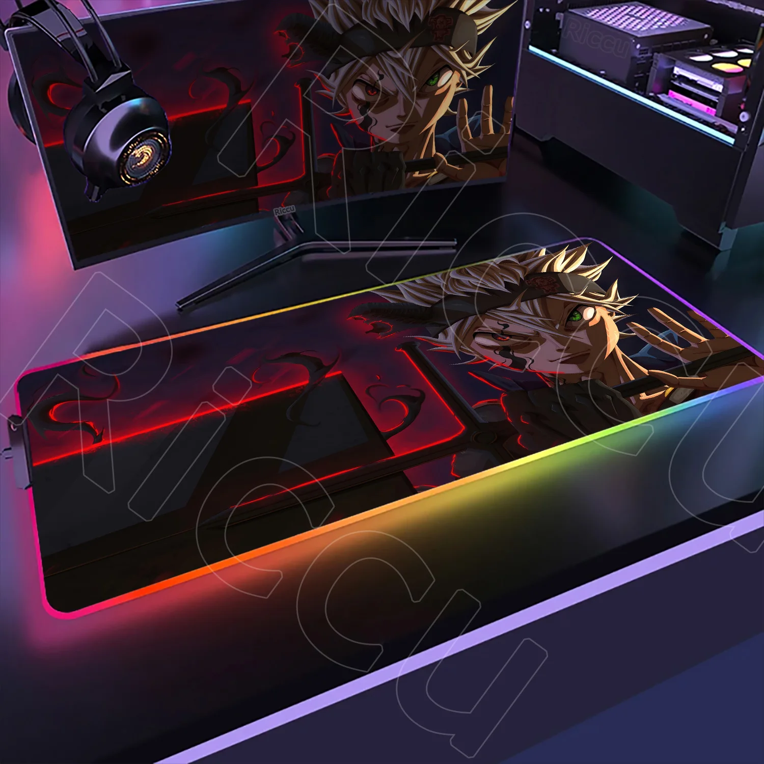 XXL RGB Gaming Mouse Pad Black Clover Asta Deskmat HD Gamer Accessories Large LED Light Mousepad PC Computer Carpet with Backlit