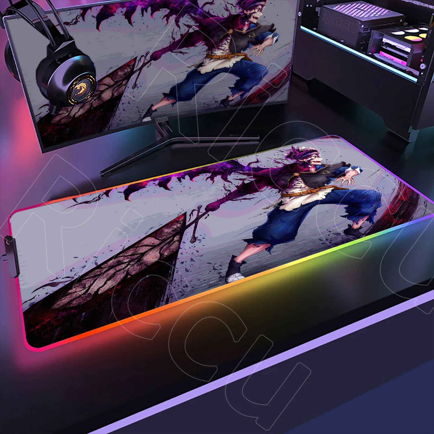 XXL RGB Gaming Mouse Pad Black Clover Asta Deskmat HD Gamer Accessories Large LED Light Mousepad PC Computer Carpet with Backlit