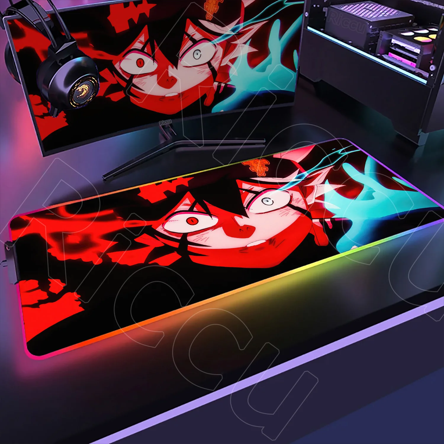 XXL RGB Gaming Mouse Pad Black Clover Asta Deskmat HD Gamer Accessories Large LED Light Mousepad PC Computer Carpet with Backlit