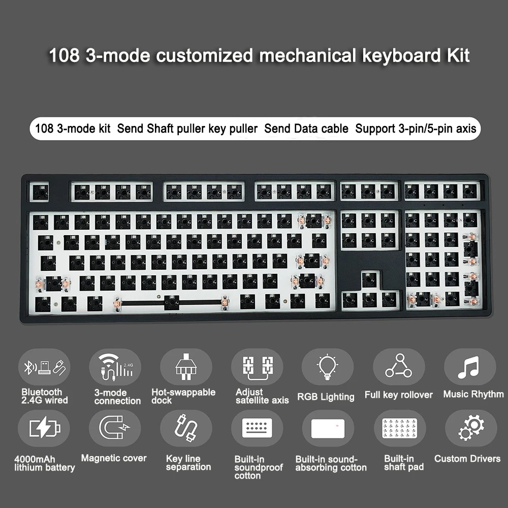 T108 Mechanical Keyboard Kit Three Mode RGB Hot Swap Gaming Keyboard 108 Keys Customize PC Gamer Gasket Accessories Office Gift