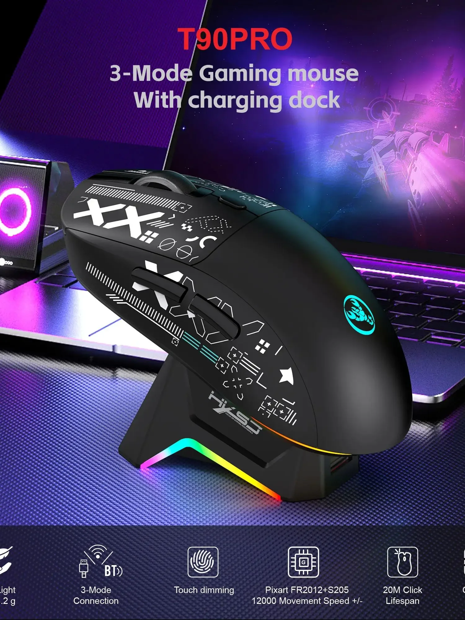 RGB Wireless Gaming Mouse With Charging Dock 3-Mode Connection Silent Buttons Long-Lasting Rechargeable Battery for PC Laptop