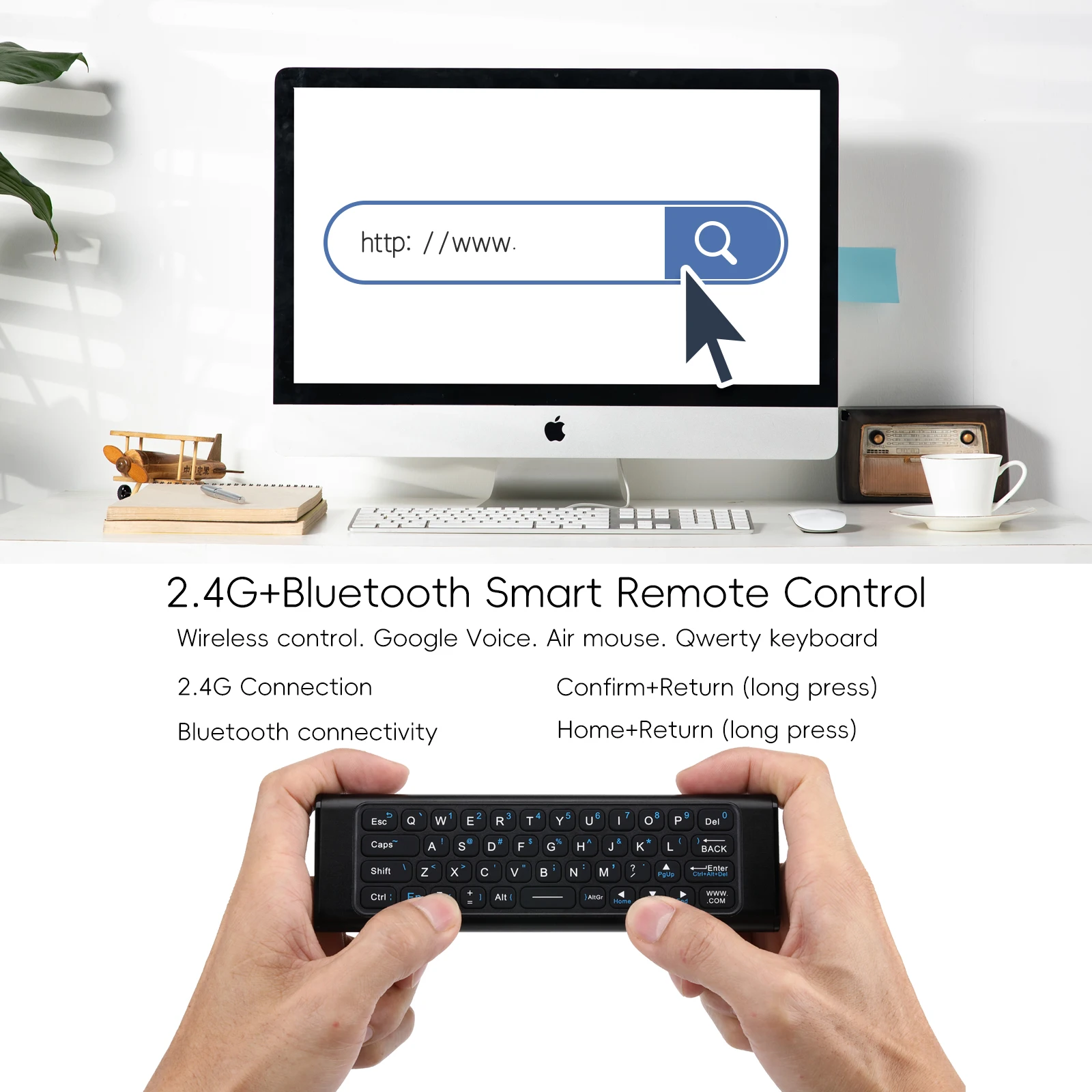 2024 IPazzPort PC Remote Mini 2.4G/BT Wireless Keyboard W/Air Mouse & IR Remote, Aluminum for Smart TV/Android/PC