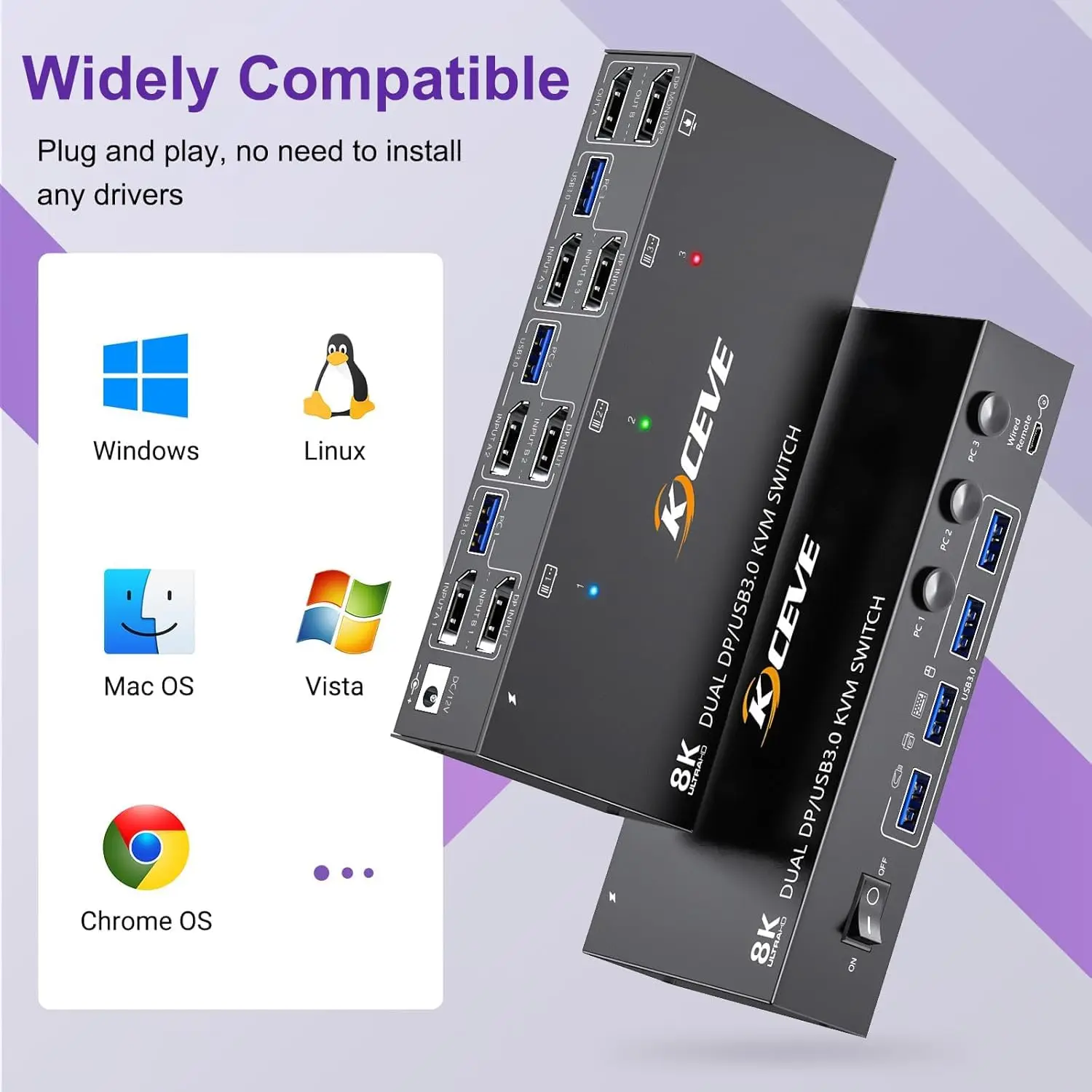 8K KVM Switch 2 Monitors 3 Computer,KCEVE 4K Dual Monitors USB 3.0 Displayport HDMI KVM Switcher for 3 PC Share Keyboard Mouse