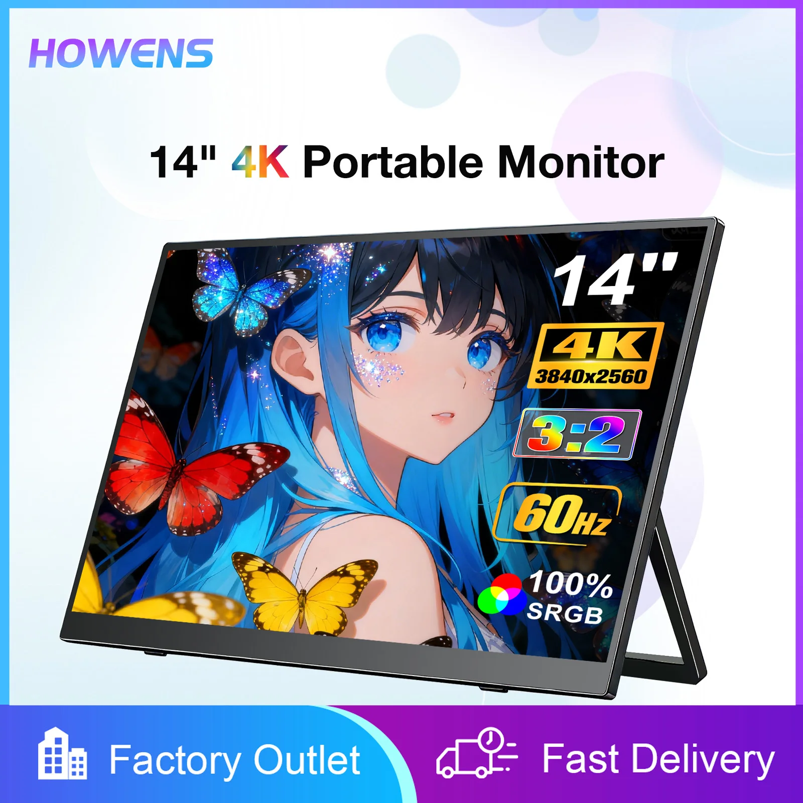 14 Inch Portable Monitor 4K 3840x2560P HDMI Type-C Port Mac OS PS5 Laptop Gaming External Display Compatible for Multiple Device