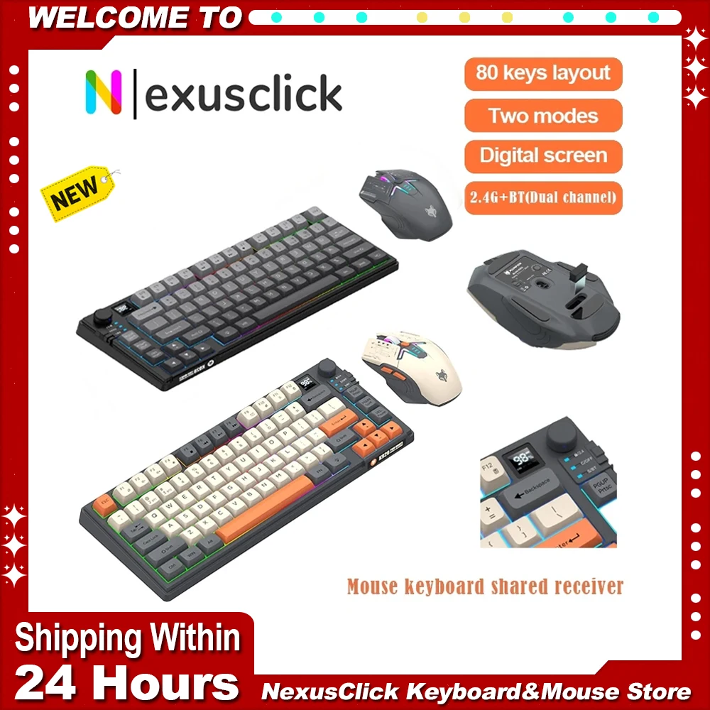 80keys Wireless Keyboard Mouse Set Dual Mode Rechargeable Backlit Mini Keyboard with Screen & Control Knob For Office Laptop