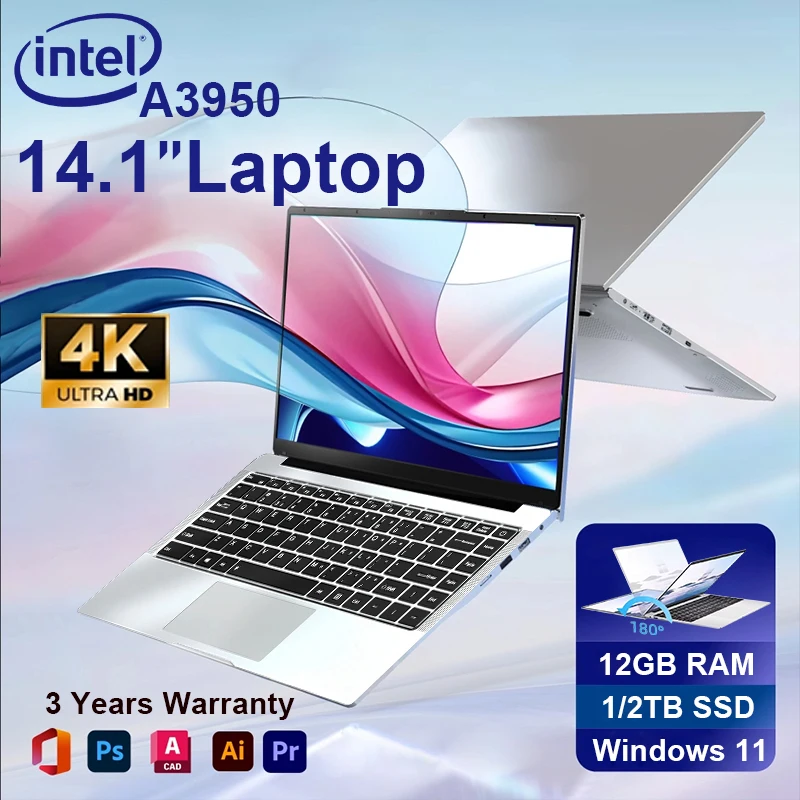 14.1 Inch Portable Laptop Windows 11 Intel Atom A3950 12GB RAM 2TB M.2 SSD Ultra Slim PC Office Laptops Study Notebook Computer Gaming 1920*1080 HD