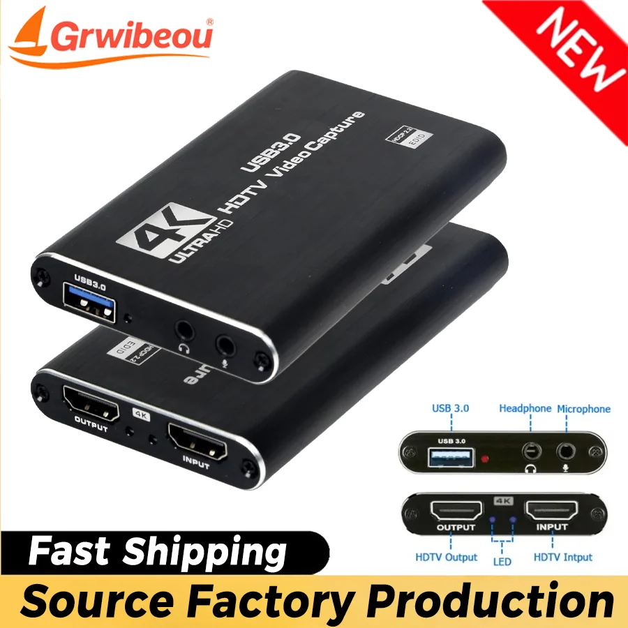 4K USB 3.0 Video Capture Card HD 30Hz for Live Streaming Gaming and Broadcasting PC PS4 OBS Game Recording Game Audio Mic Camera