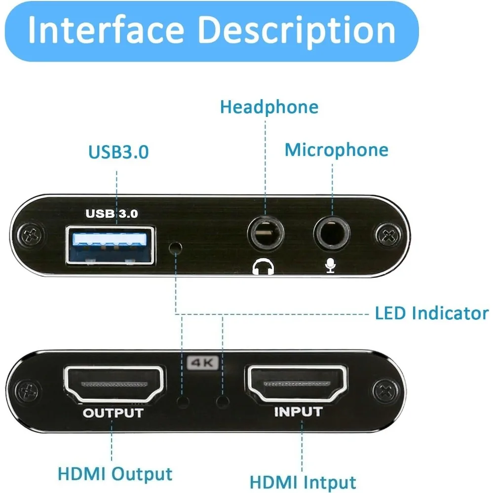 4K USB 3.0 Video Capture Card HD 30Hz for Live Streaming Gaming and Broadcasting PC PS4 OBS Game Recording Game Audio Mic Camera