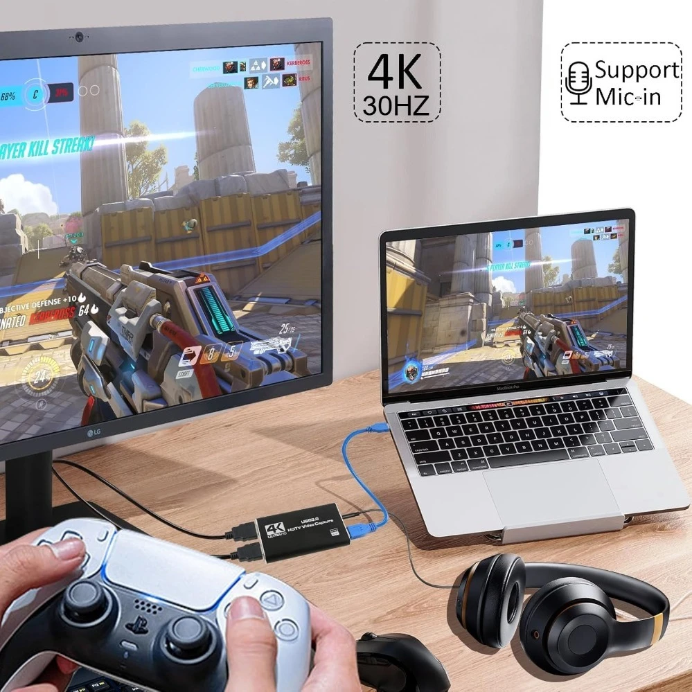 4K USB 3.0 Video Capture Card HD 30Hz for Live Streaming Gaming and Broadcasting PC PS4 OBS Game Recording Game Audio Mic Camera