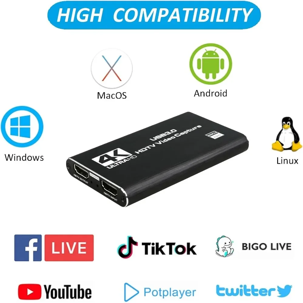 4K USB 3.0 Video Capture Card HD 30Hz for Live Streaming Gaming and Broadcasting PC PS4 OBS Game Recording Game Audio Mic Camera