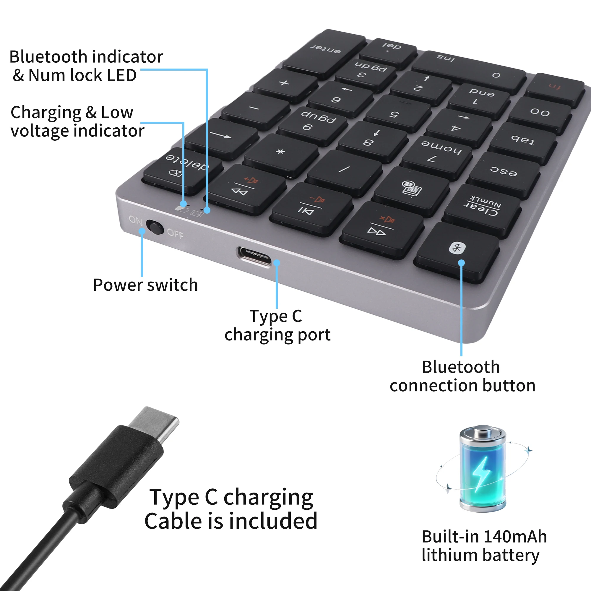 Hot Selling 28 Key Mini Numeric Keyboard Portable Type-C Charging Bluetooth Keyboard Suitable For Mobile Phones And Tablets