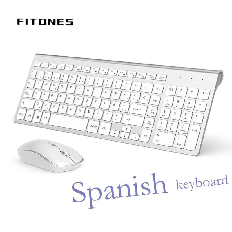 Spain layout/wireless keyboard and mouse combination, 2.4ghz stable connection, portablesilent keyboard and mouse silvery white.