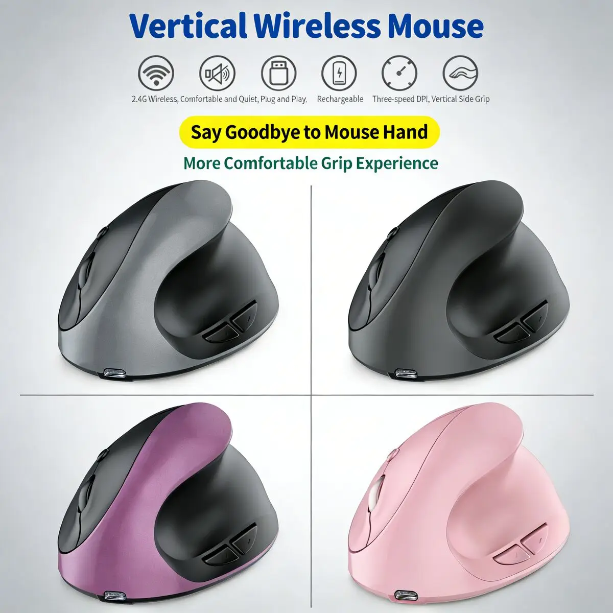 Dual-Mode 2.4G+Bluetooth Rechargeable Vertical Mouse Ergonomic Silent Plug-and-Play Anti-Wrist Strain for Home Office PC Laptop