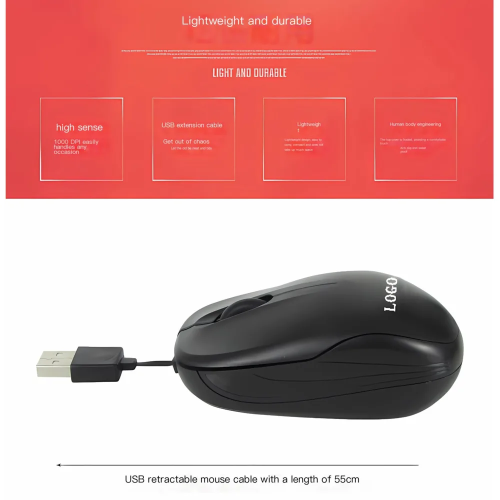 Portable Storage Wired Game USB Retractable Cable Silent Mouse Ergonomic Optical Mice For Office Home Computer PC Tablet Laptop