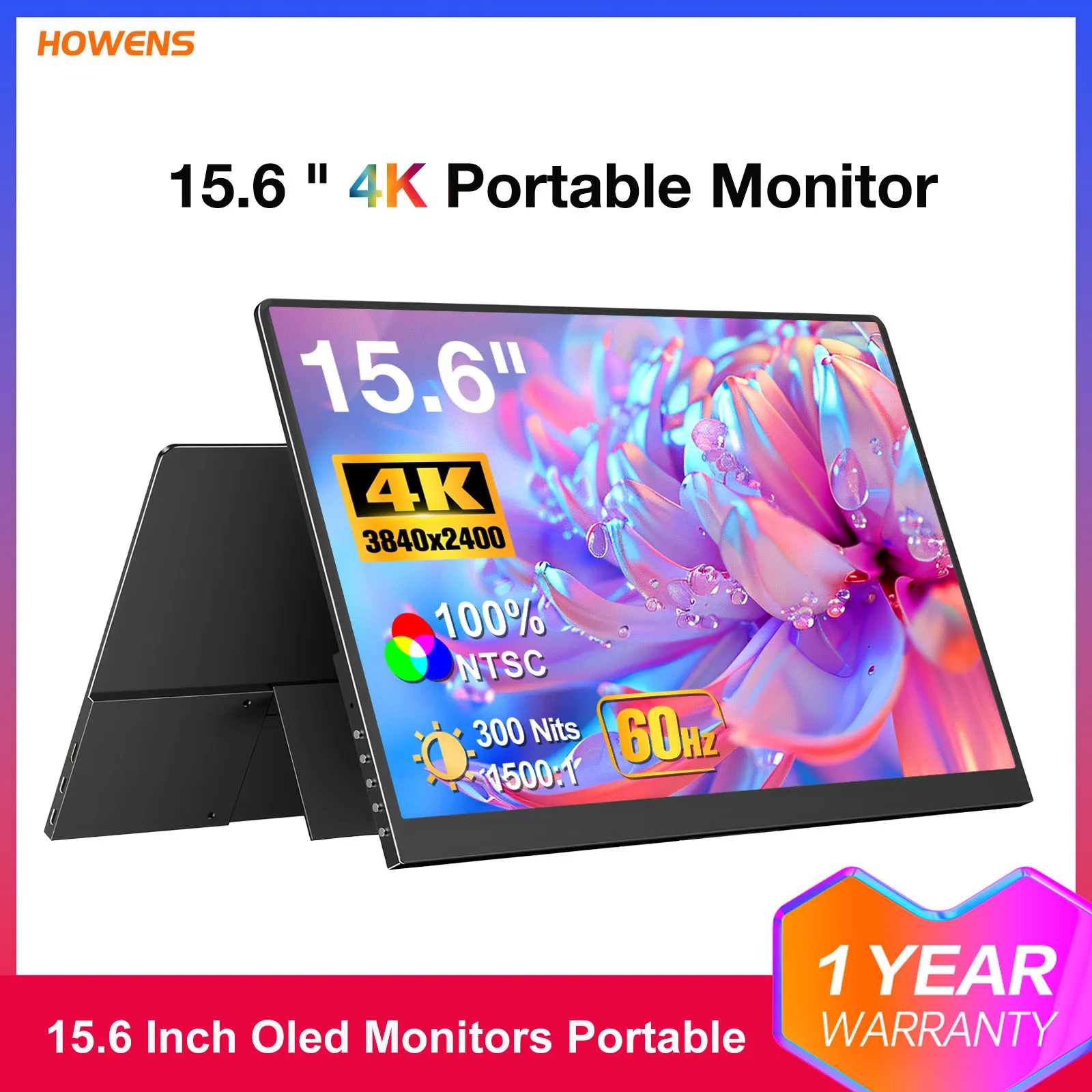 Oled Monitors Portable 15.6 Inch 3840x2400 Extended Display IPS 16:10 100%NTSC VESA USB Type-C Mini HDMI for Xbox Switch Laptop