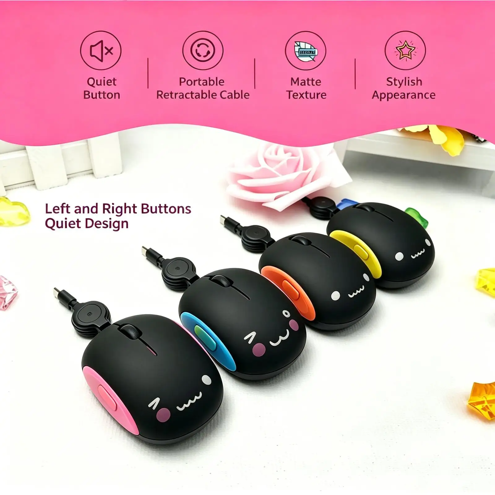 Cute Steamed Bun Wired Mouse, Type-C Adjustable Cable Silent Ergonomic Mouse, Plug And Play Mini Mice For Laptop Phone Tablet