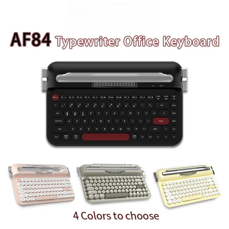 AF84 Wireless Bluetooth Keyboard 84 Keycaps Round Retro Keys Typewriter Office Keyboards W/ Bracket for IPad Membrane Use