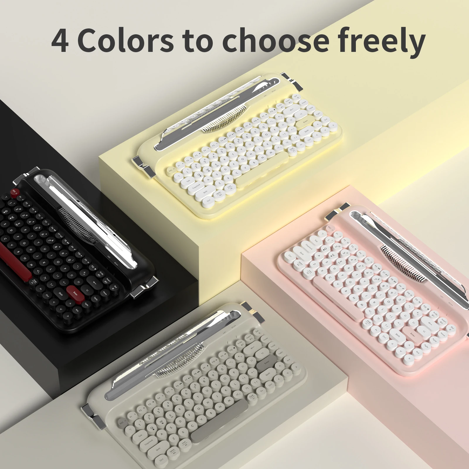 AF84 Wireless Bluetooth Keyboard 84 Keycaps Round Retro Keys Typewriter Office Keyboards W/ Bracket for IPad Membrane Use