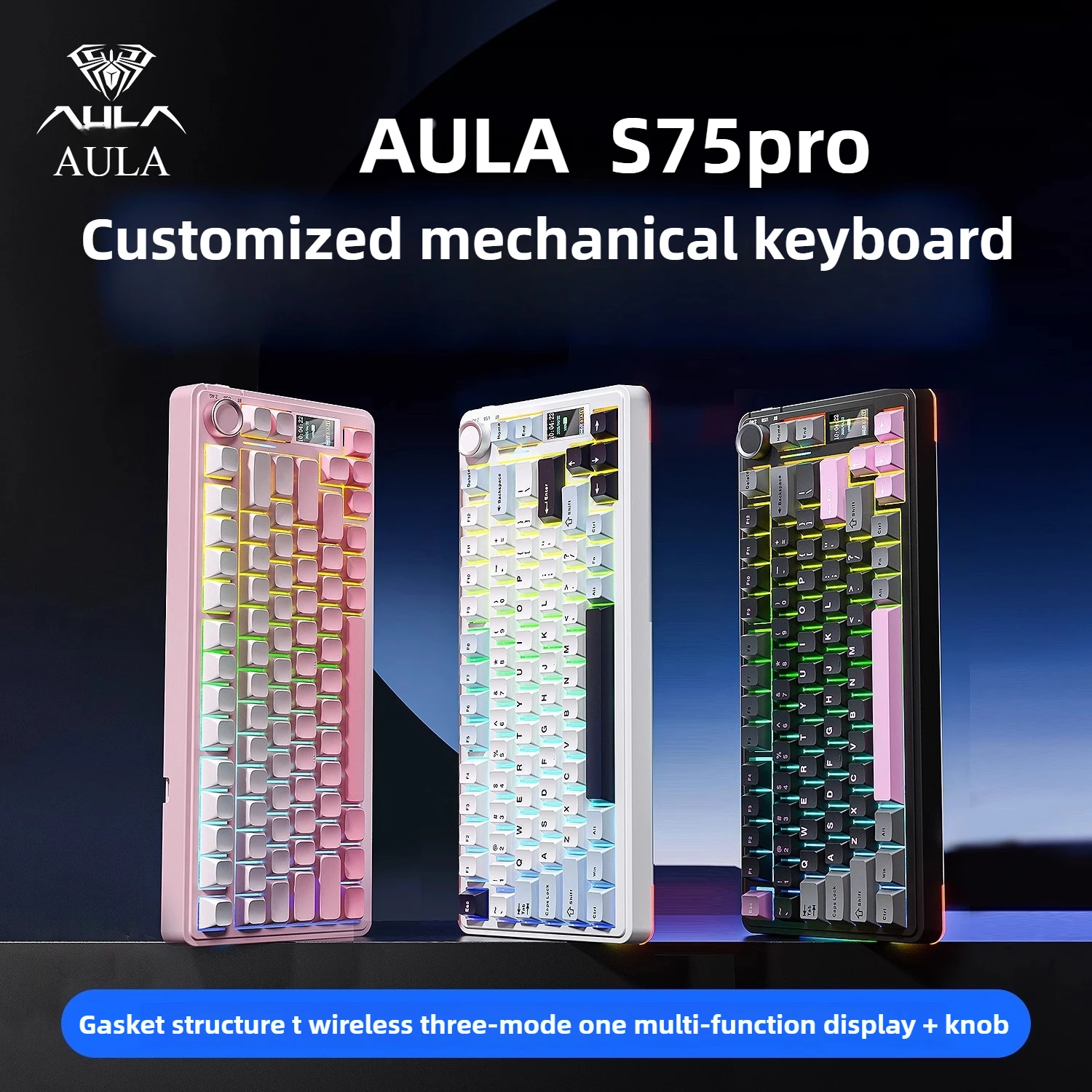 Key board AULA S75pro mechanical keyboard wireless bluetooth 2.4G 80% screen office game e-sports three-mode teclado RGB klavye